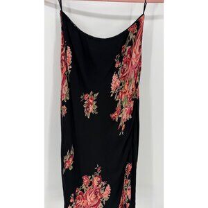 Vintage Black Floral Slip Dress With Ruffle Hem & Beaded Detail